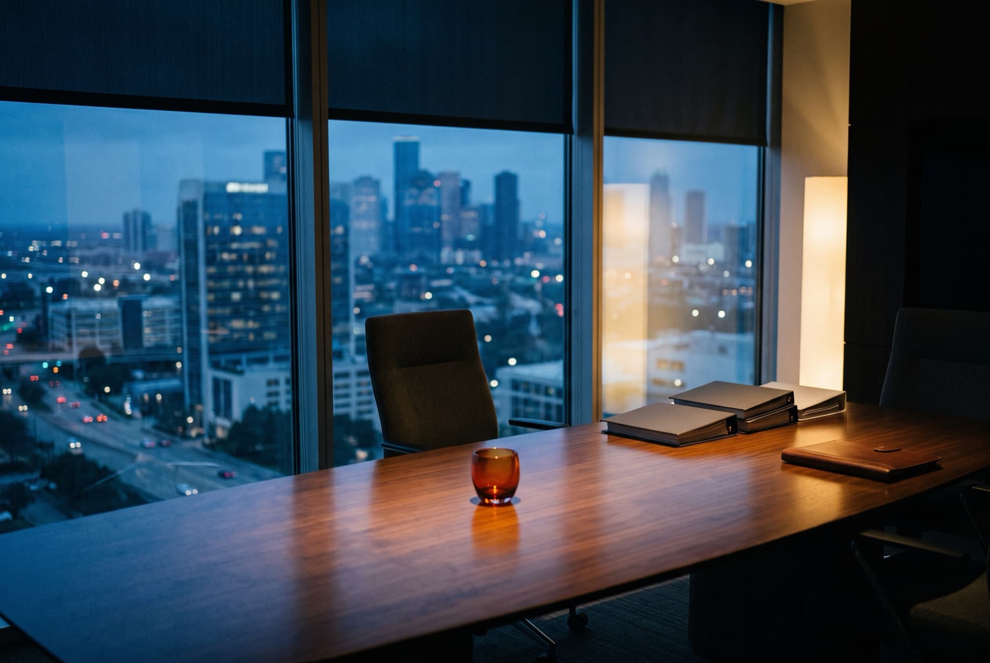 An empty boardroom above downtown Houston at dusk, binders stacked at the end of a walnut table and one chair pulled back