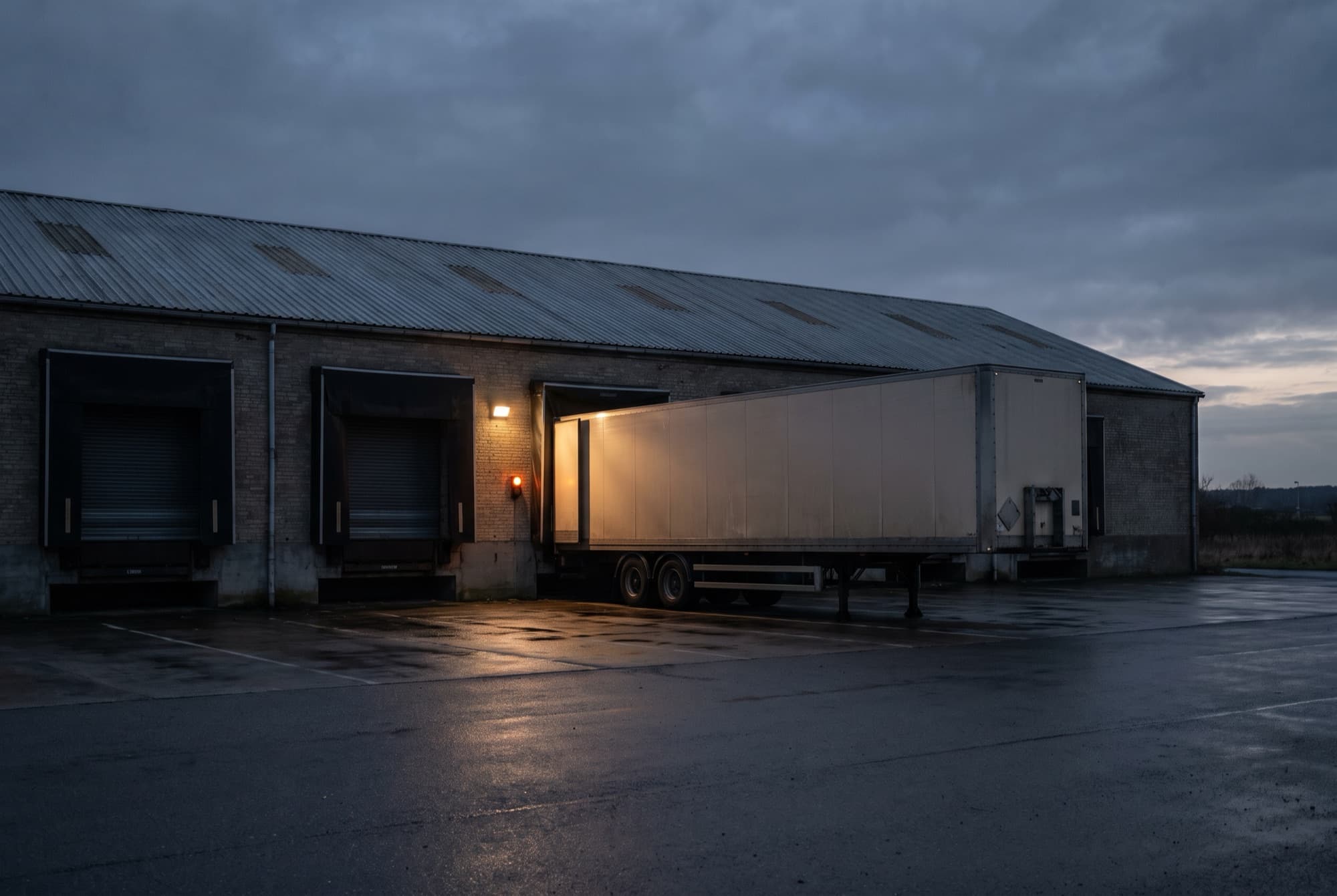 A small brick warehouse at dusk with two loading bays closed and a single large trailer backed into the only open bay