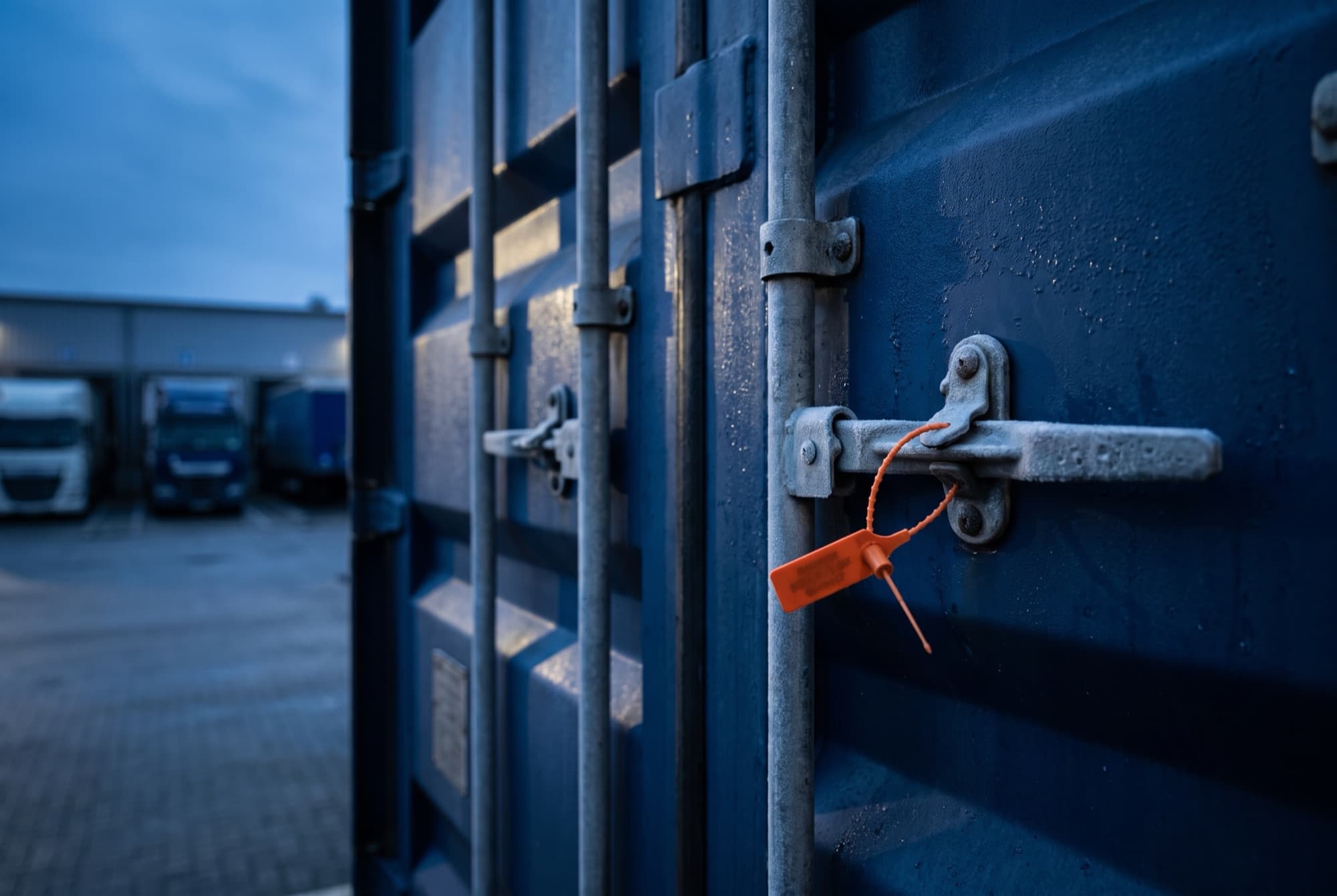 An orange plastic security seal threaded through the locking bar of a blue shipping container at dawn
