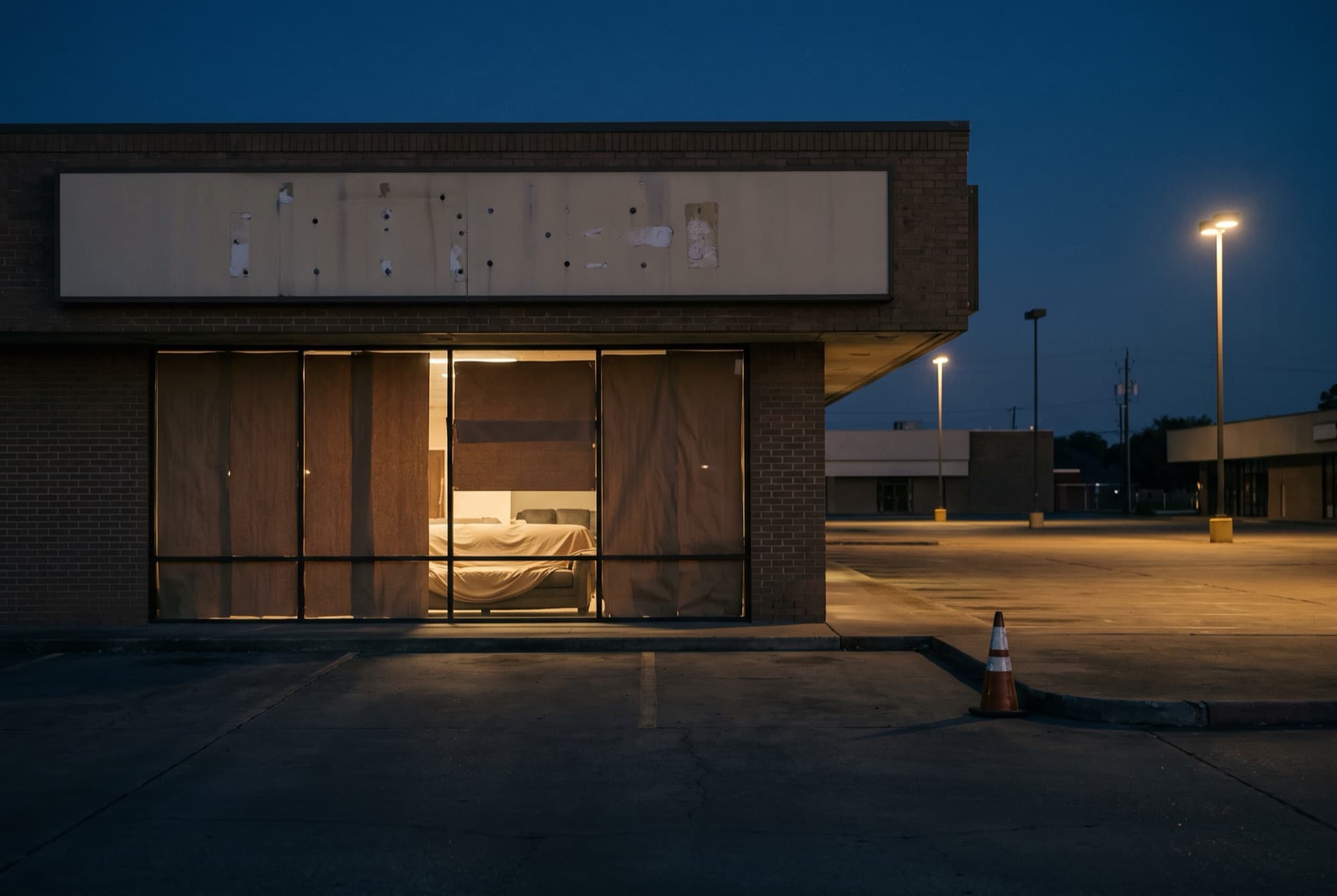 A closed furniture showroom in a Texas strip mall at dusk, windows papered over and the sign removed, a covered sofa visible inside