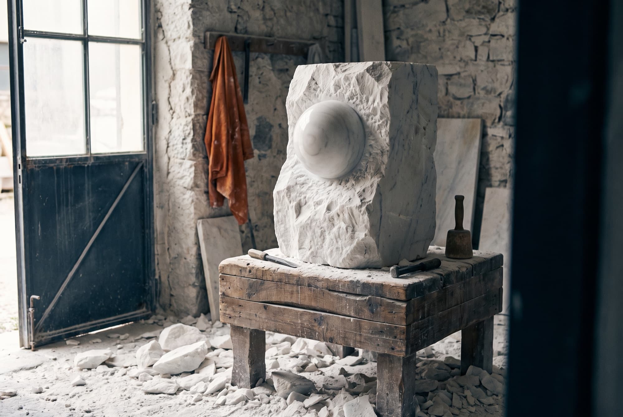 A smooth marble sphere emerging from a rough block on a wooden stand in a sculptor's workshop, the floor covered in marble chips